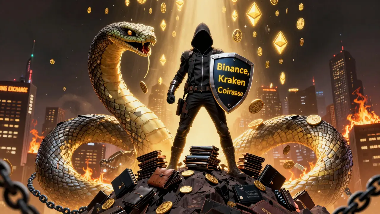 A heroic hacker stands atop a pile of wallets, shielding real exchanges from a serpent made of scam websites.