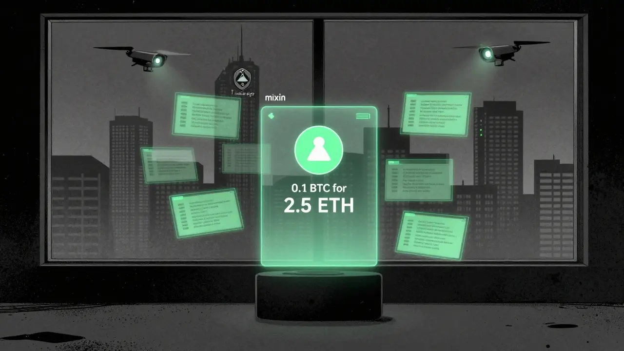 A minimalist crypto swap interface in Mixin Messenger with fading transaction logs and surveillance drones outside.