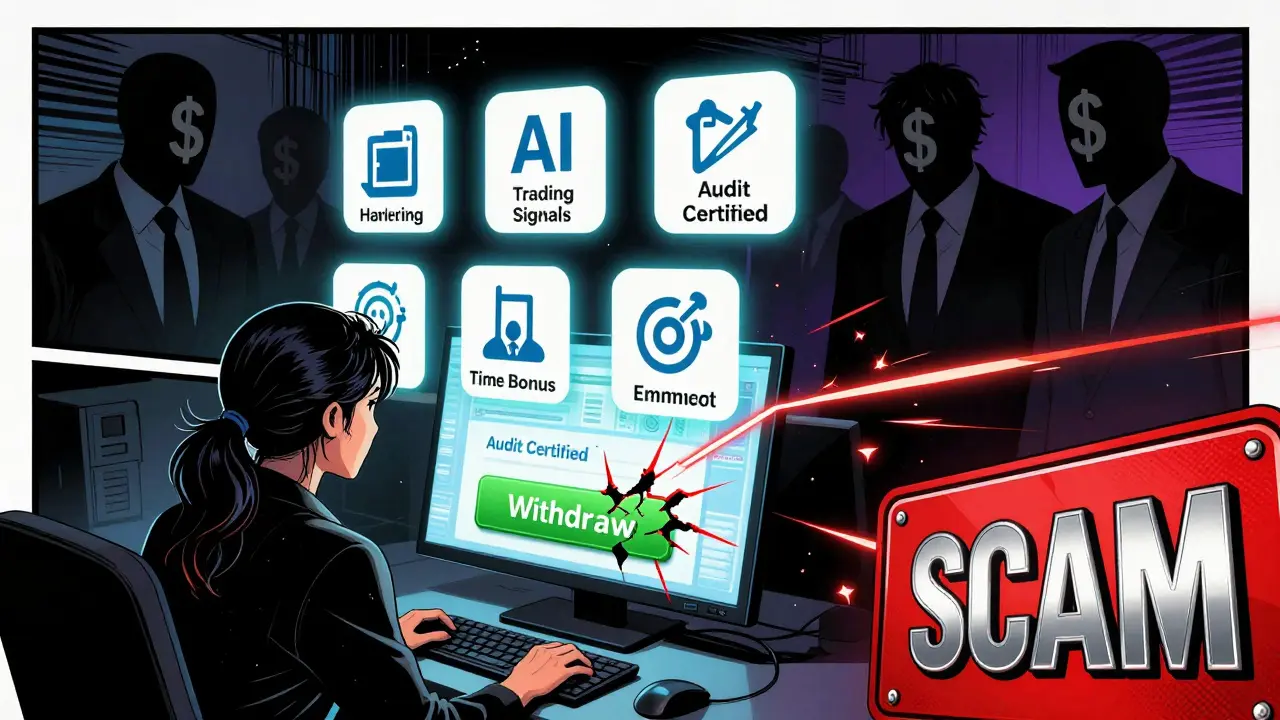 A person at a computer surrounded by fake crypto scam icons, with shadowy figures whispering and a cracked withdrawal button.