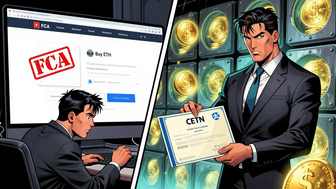 A retail investor receives a regulated cETN certificate from a broker while a blocked crypto site shuts down behind them.