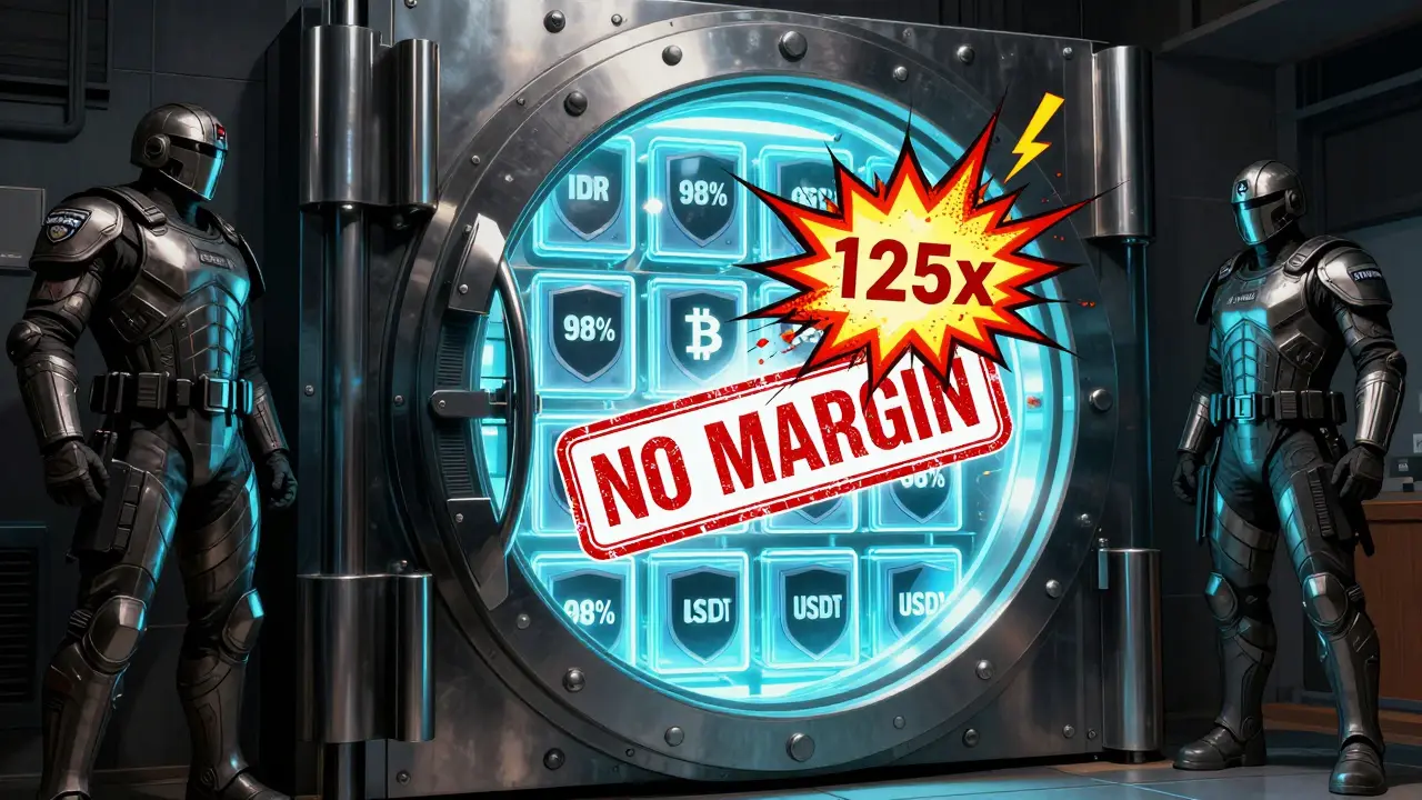 A secure crypto vault guarded by regulatory figures, with risky leverage symbols being crushed under a 'NO MARGIN' stamp.