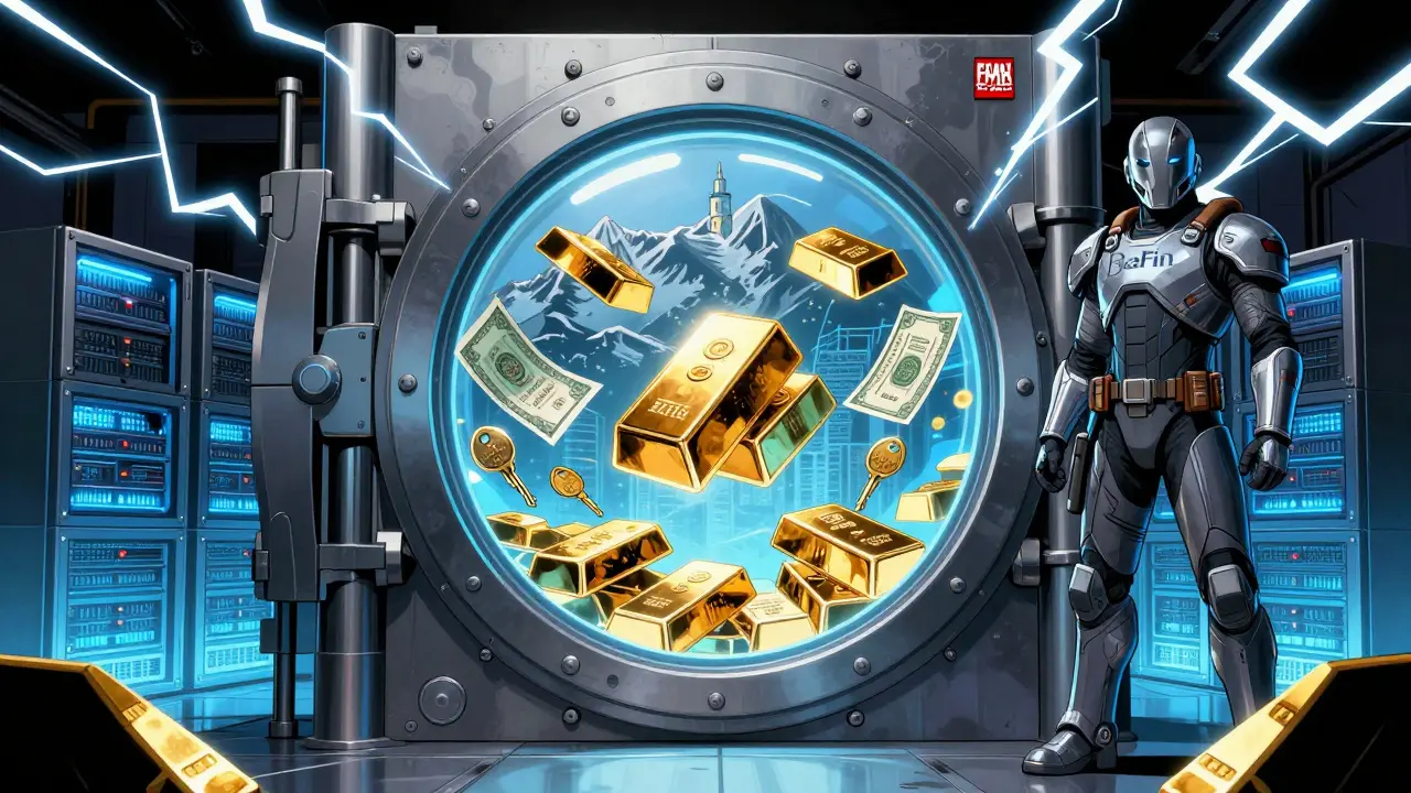 A secure digital vault in the Alps guarded by regulatory figures, holding gold, crypto, and stocks with security energy.