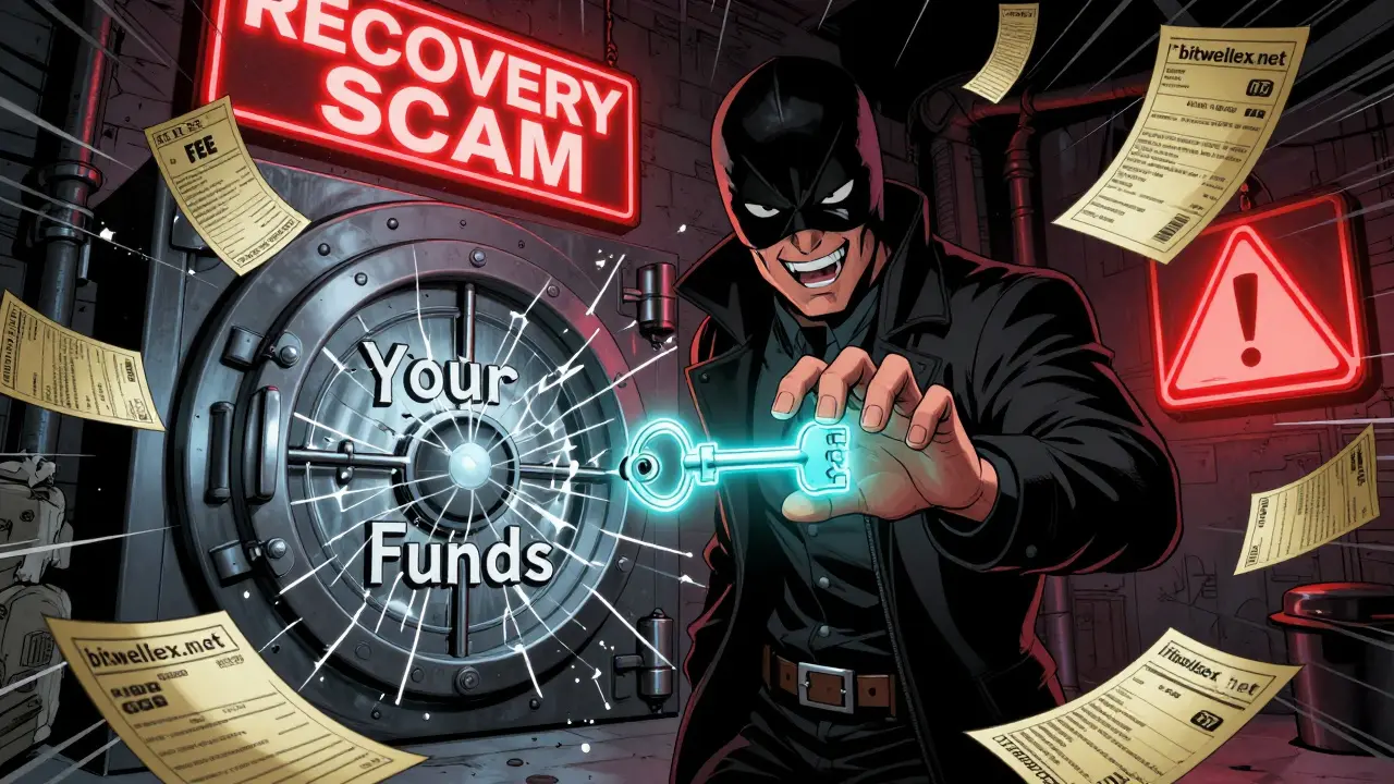 A sinister figure offering a fake key to a locked vault labeled 'Your Funds', surrounded by fake fee invoices.