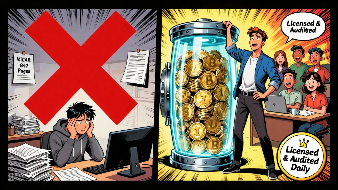 A small startup is crushed by paperwork while another entrepreneur in Singapore stands beside a transparent vault of stablecoins.