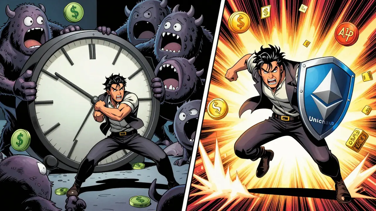 A split-panel battle showing the struggle of high Ethereum fees versus the speed and ease of Unichain for crypto trading.