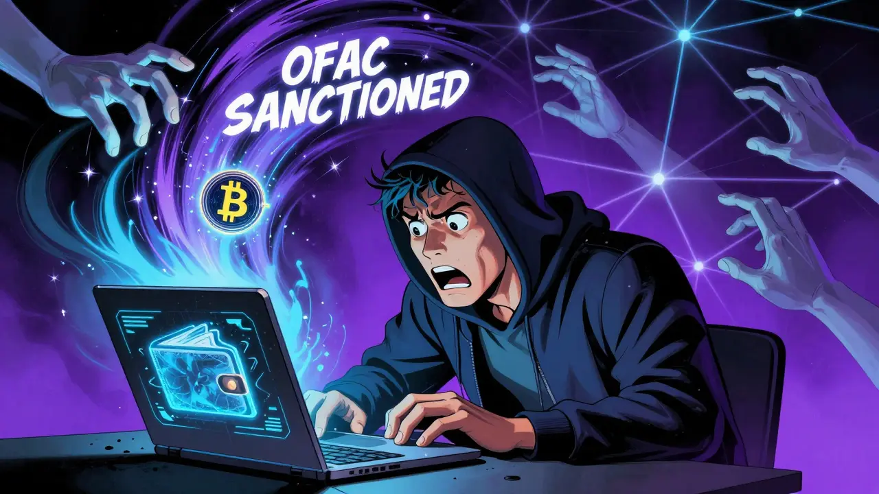 A trader watches in horror as his Bitcoin is pulled into a sanctions vortex by ghostly hands from a blockchain network.