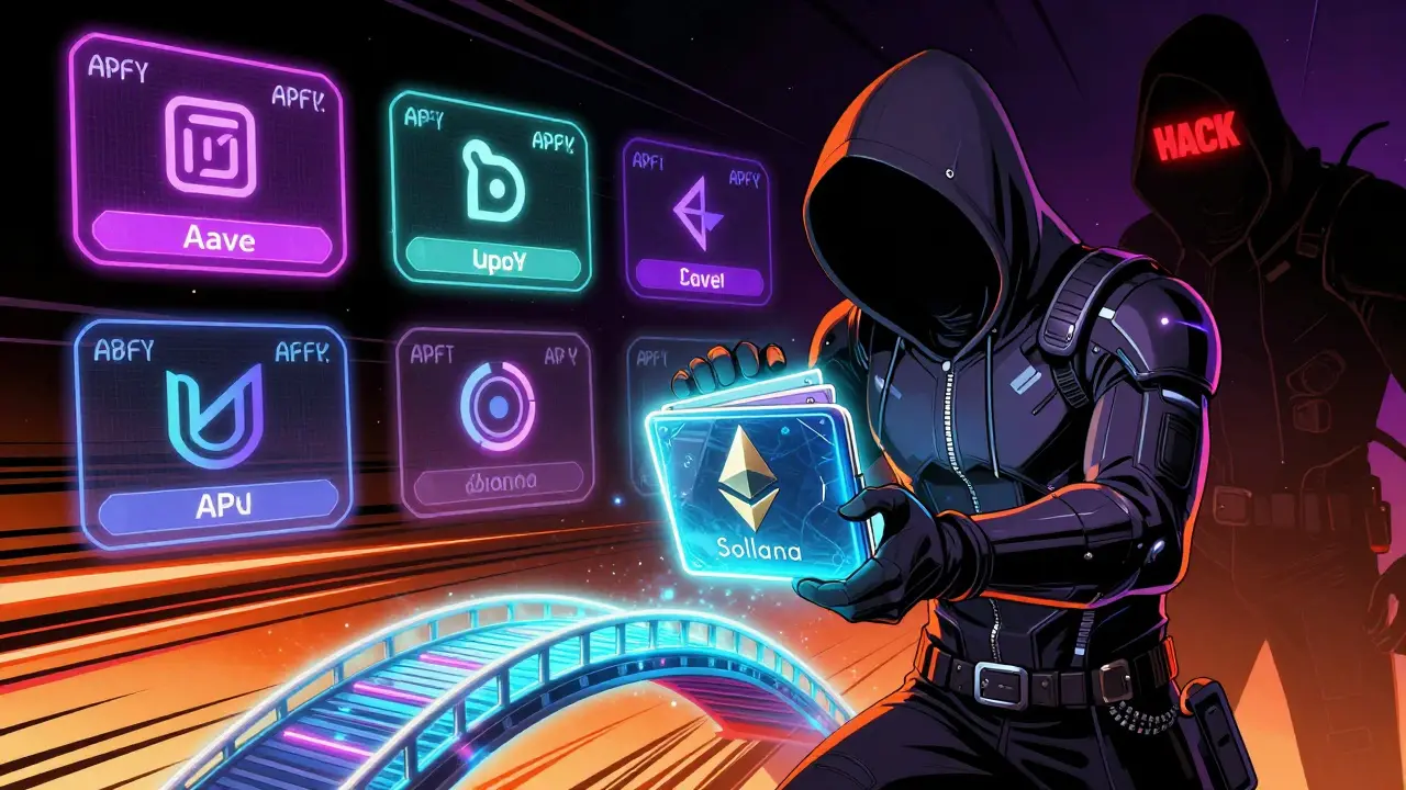 A user transfers an NFT across chains while DeFi apps glow in the background, with a hacker lurking nearby.