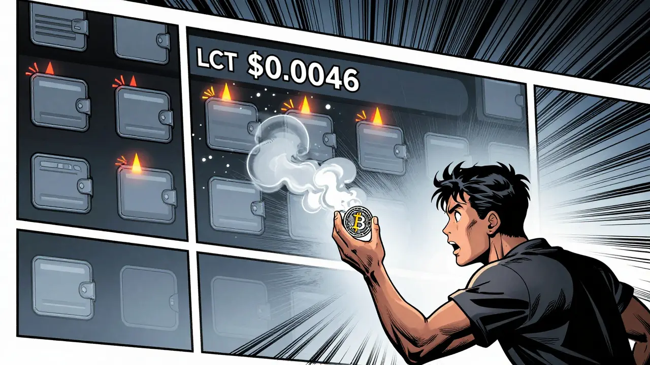 An empty crypto exchange screen shows LCT at <h2>Who Holds LCT? And Why?</h2>.00046 as the token dissolves into smoke in a user&#039;s hand.
