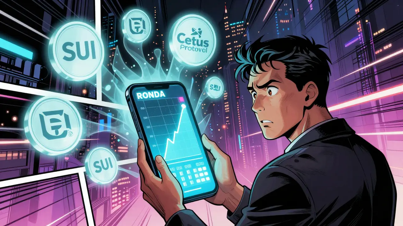An investor misled by a fake crypto chart, surrounded by fading real Sui projects in comic style.