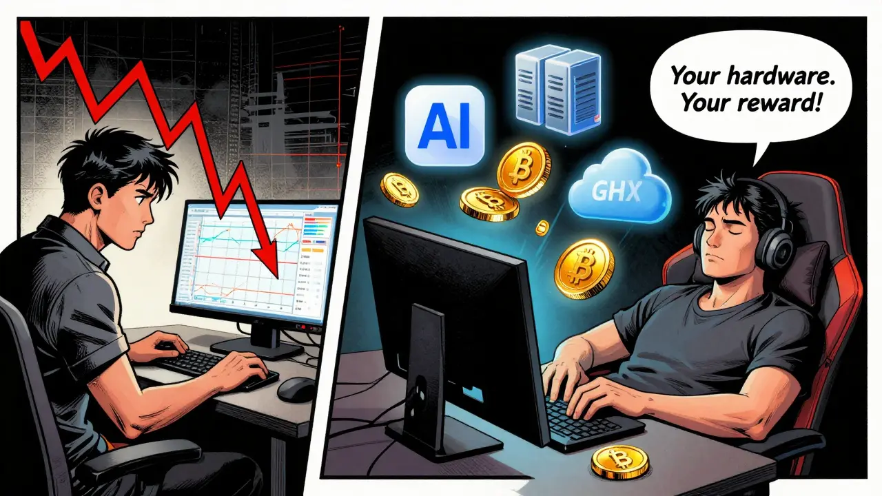 Contrasting a stressed crypto trader with a relaxed gamer earning GHX while sleeping.