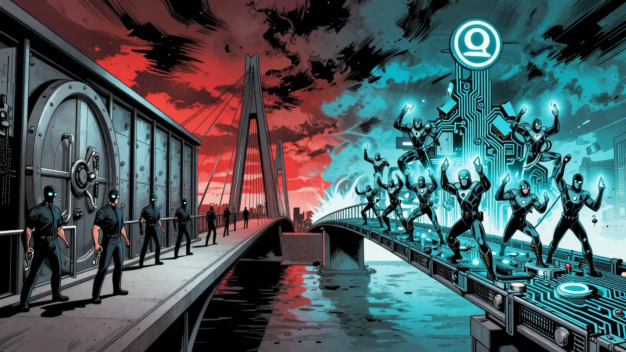 Contrasting trusted and trustless crypto bridges depicted with corporate guards vs. decentralized heroes.