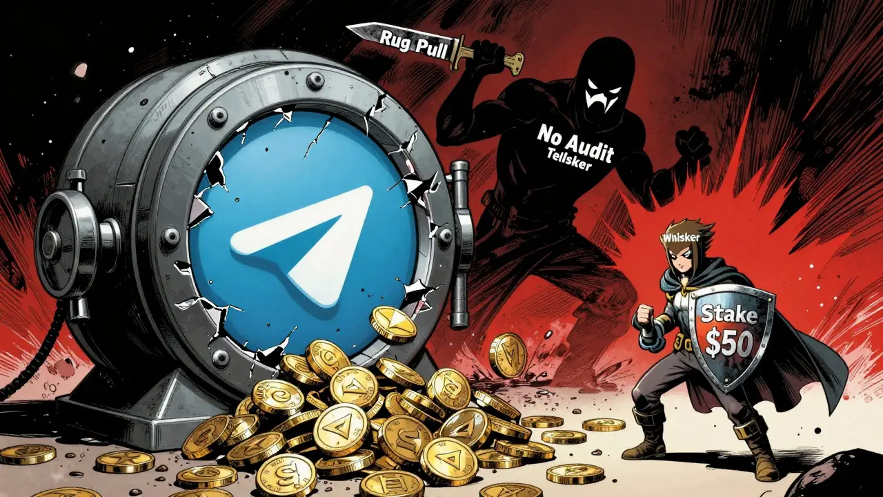 Cracked Telegram logo spilling CATTON tokens as shadowy risk figures loom, symbolizing high-risk crypto gamble.