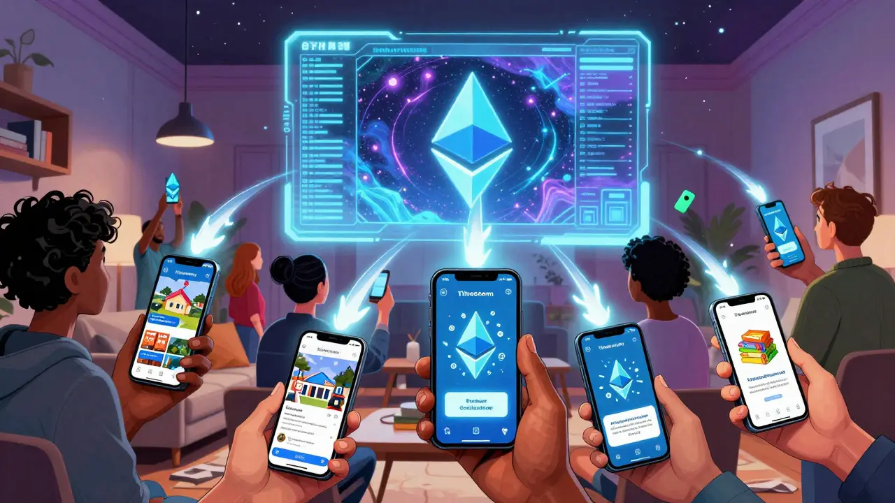 Diverse donors view live project updates on phones, with a glowing blockchain ledger floating in the sky.