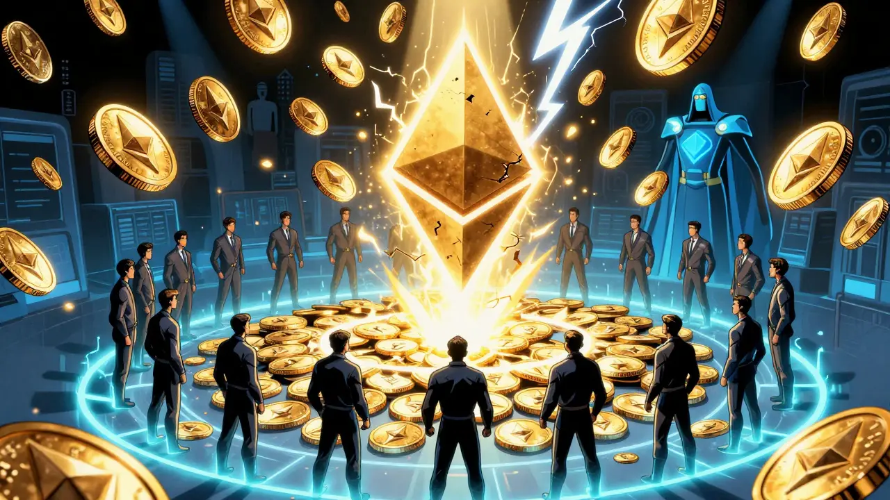 Ethereum validators slashing a malicious staker as golden ETH tokens glow and crack under a lightning strike.