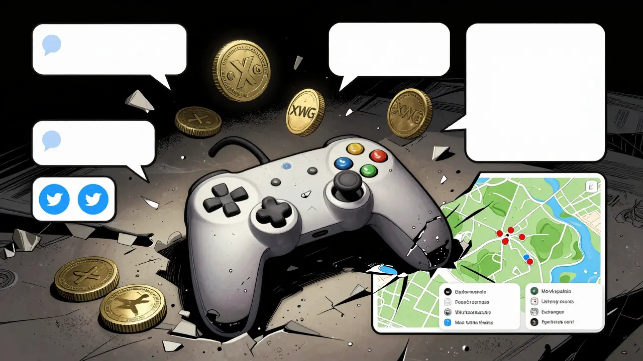 Faded XWG tokens and silent social media icons in a decaying digital space, symbolizing project abandonment.