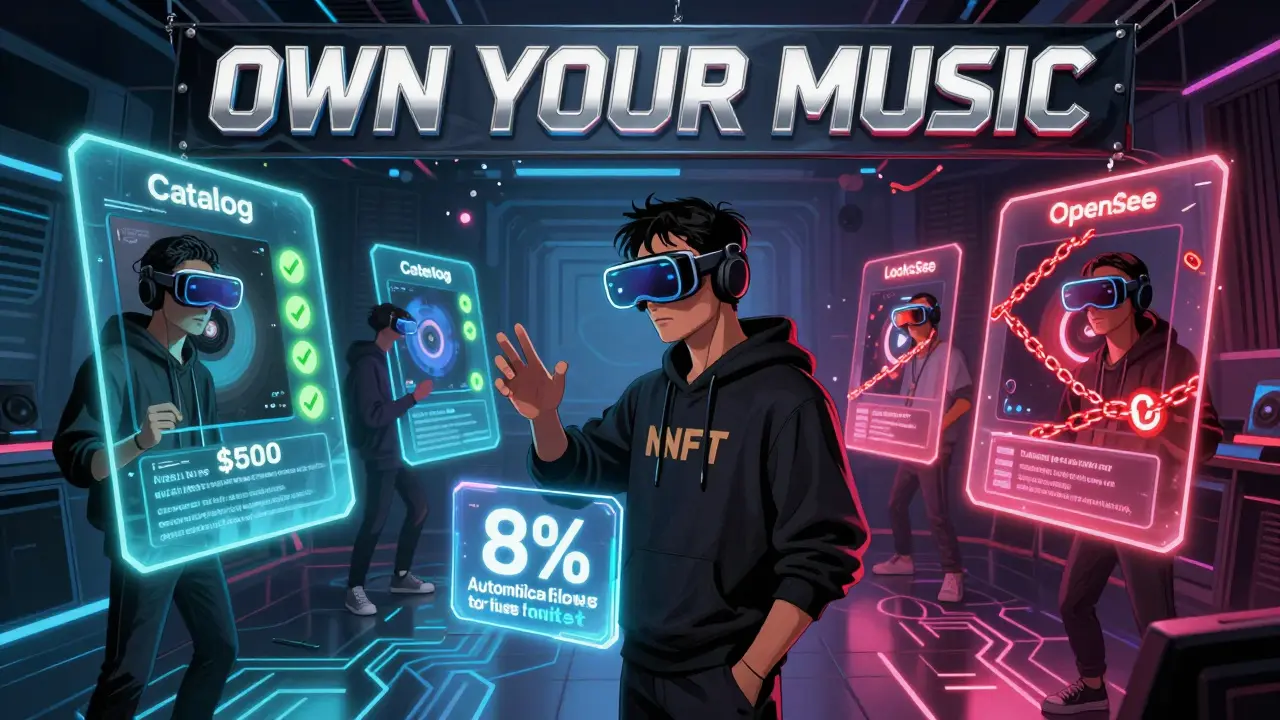 Fans trading music NFTs on holograms, with royalty flows to artist and broken marketplace chains in background.