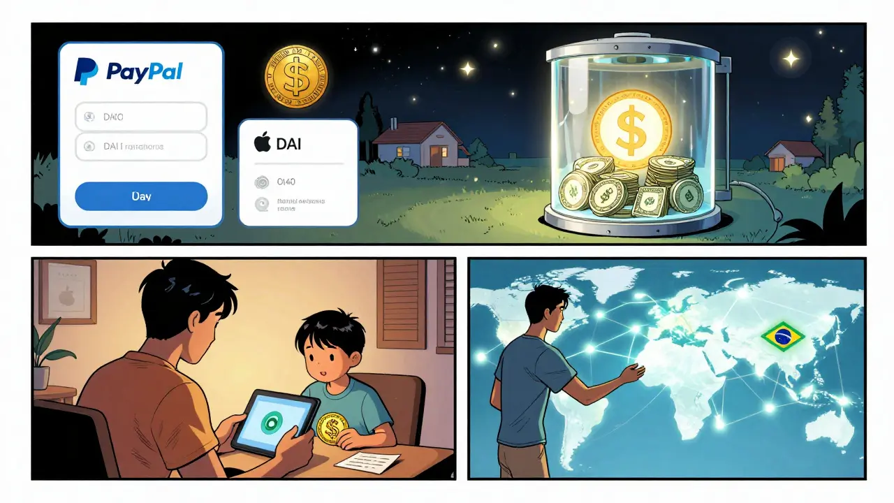 Future scene of a family paying rent in USDC and sending DAI globally, with U.S. Treasuries glowing in the sky as digital finance integrates into daily life.