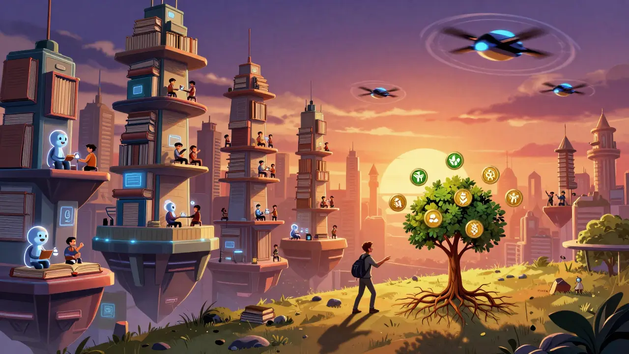 Futuristic education city built on blockchain, with a user planting a tree whose roots are FORWARD tokens and branches become NFT badges.