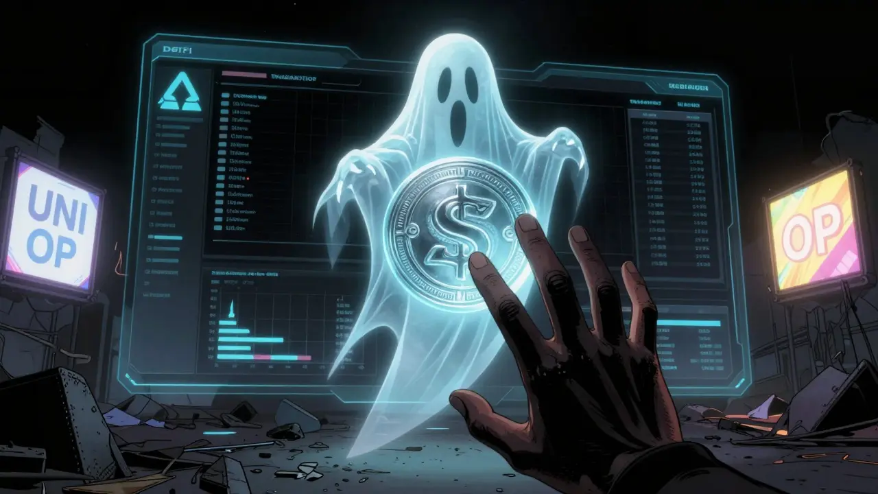 Ghostly SPHRI token floats above an abandoned DeFi interface as a hand reaches through it, while real airdrops glow in the distance.