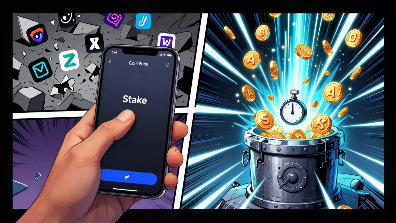 Hand tapping &#039;Stake&#039; on Coin98 app while rival wallets crumble and airdrop tokens rain down in comic style.