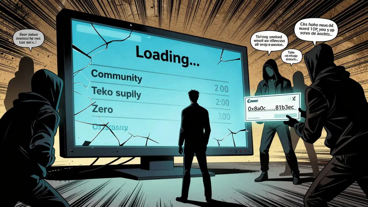 Investor facing a broken blockchain monitor showing 'Loading...' while shadowy figures offer fake airdrop links.