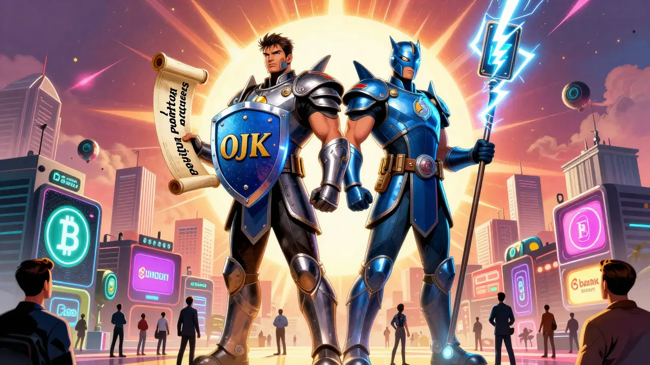 OJK and Bank Indonesia as superhero guardians overseeing Indonesia’s regulated crypto ecosystem with glowing digital infrastructure below.