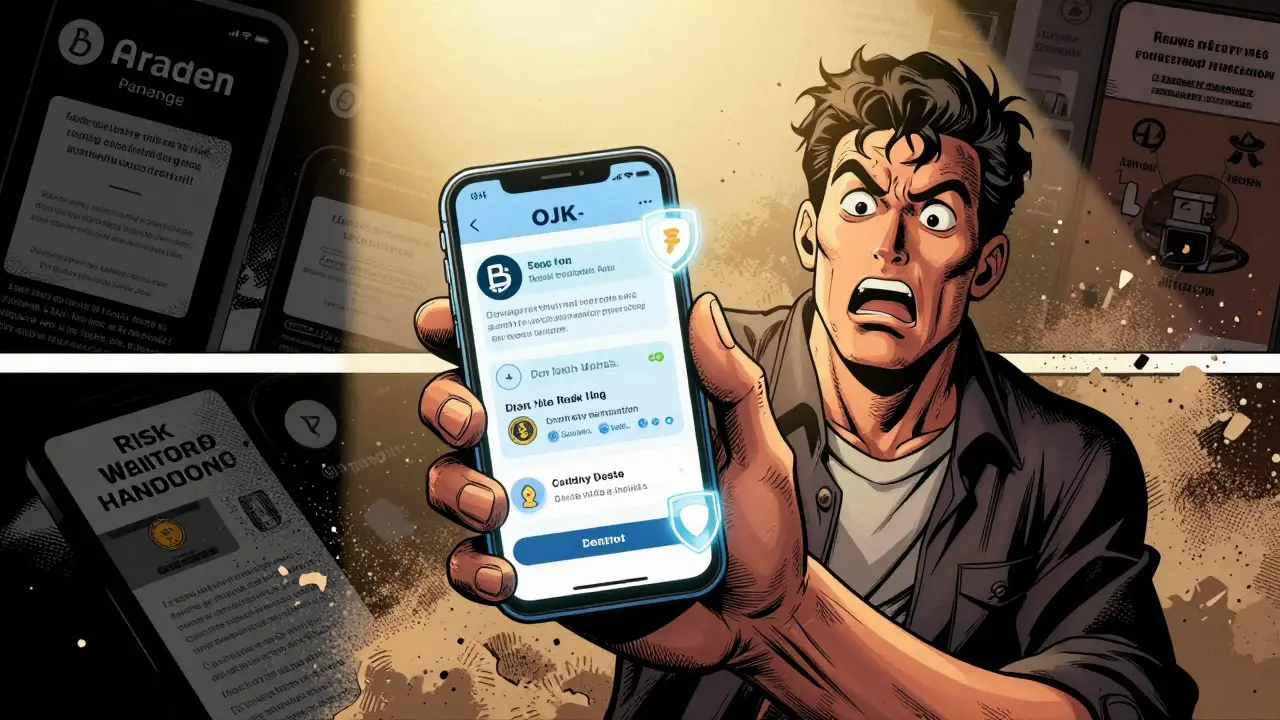 Retail investor safely using an OJK-licensed crypto platform, with protective shields visible, while illegal exchanges crumble behind.