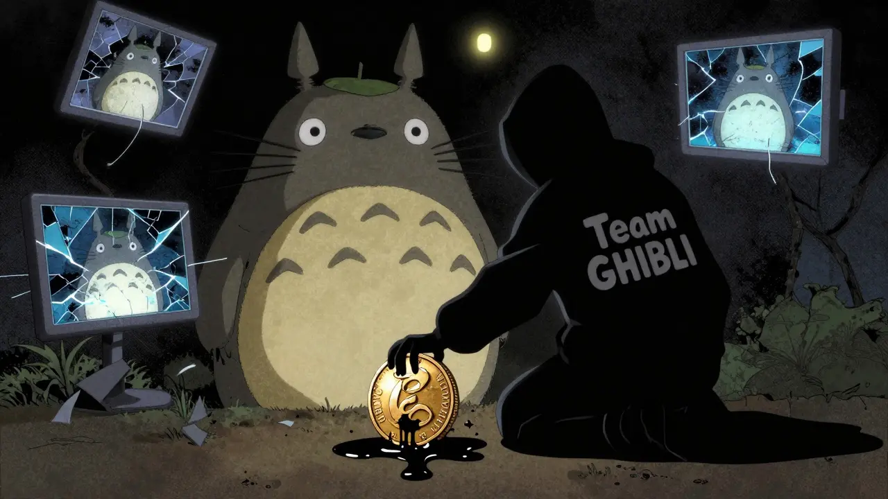Shadowy figure melting a GhibliCZ coin while a Totoro statue crumbles and AI art fades on broken screens.