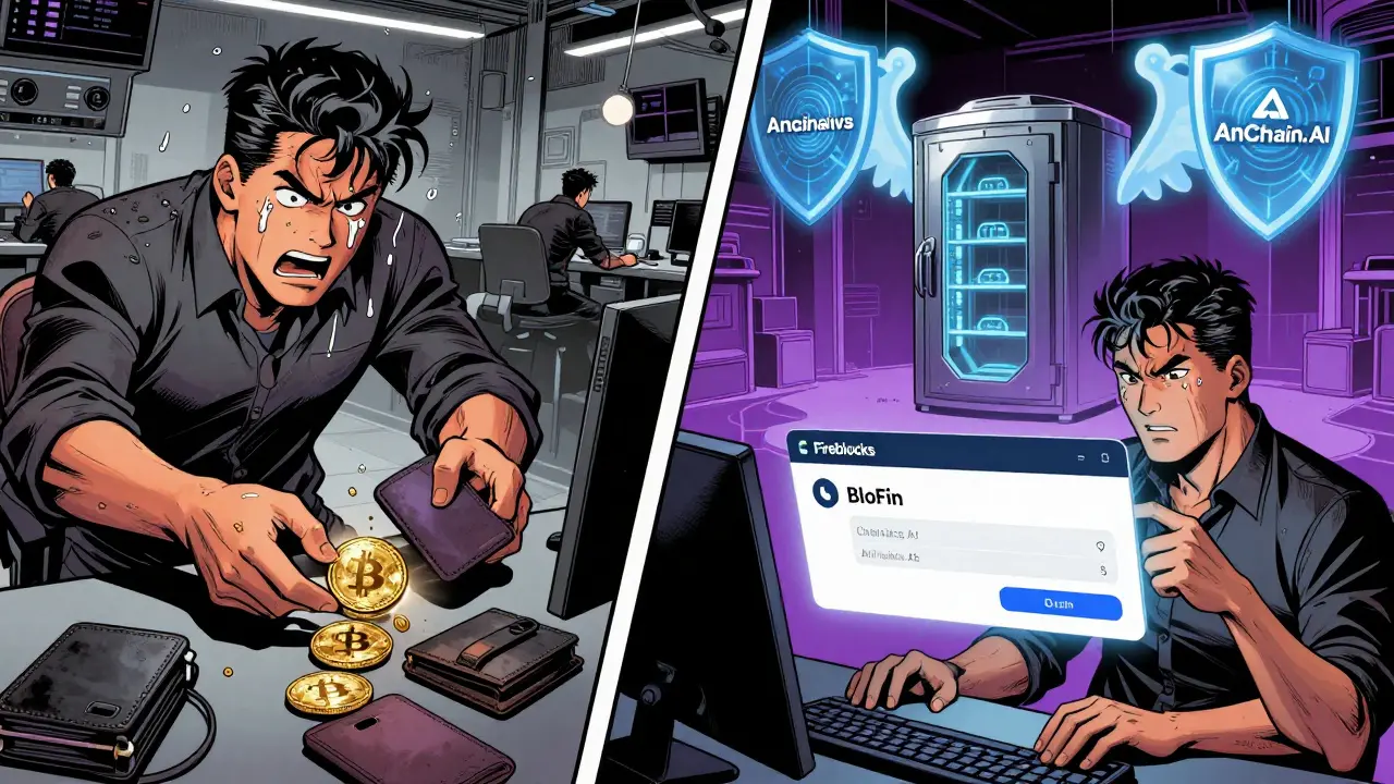 Split-panel comparison: messy manual transfers vs. seamless unified account trading, Fireblocks vault in background, cyberpunk comic style.