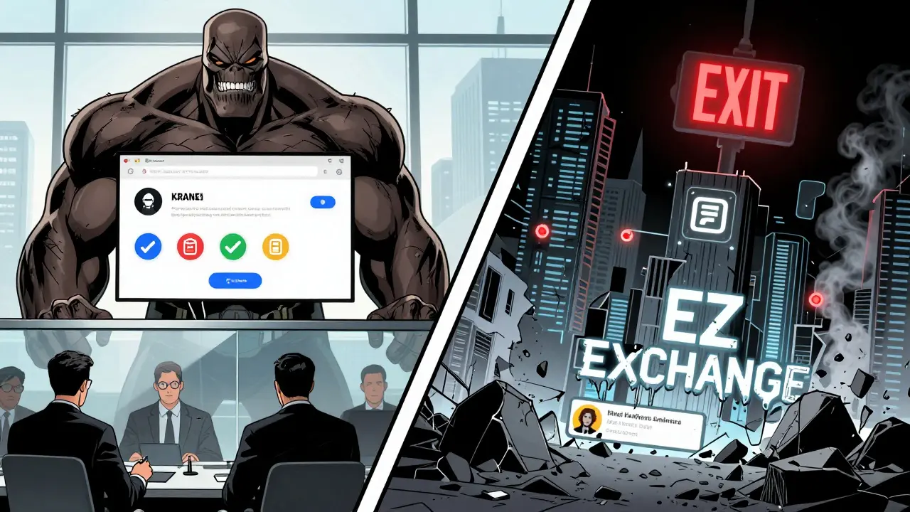 Split panel: legitimate exchange vs. crumbling fake exchange with verified badges and melting illusions.