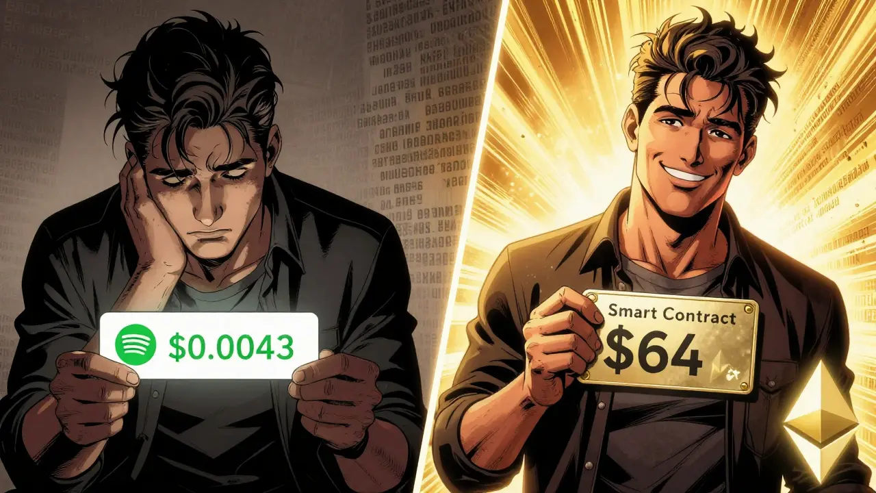 Split scene: artist seeing tiny Spotify payment vs. receiving large NFT royalty payment from smart contract.