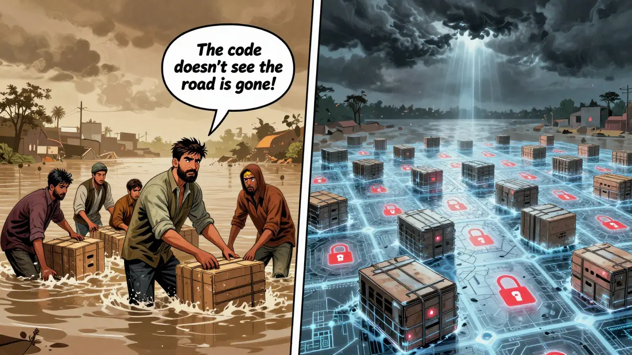 Split scene: nonprofit workers in floodwaters vs. frozen supply crates on a locked blockchain grid.