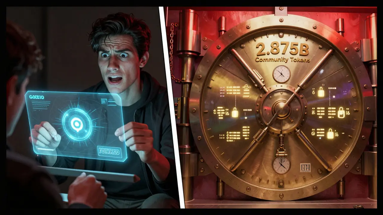 Split scene: person checking small FORWARD token balance vs. massive locked vault labeled with community token supply.