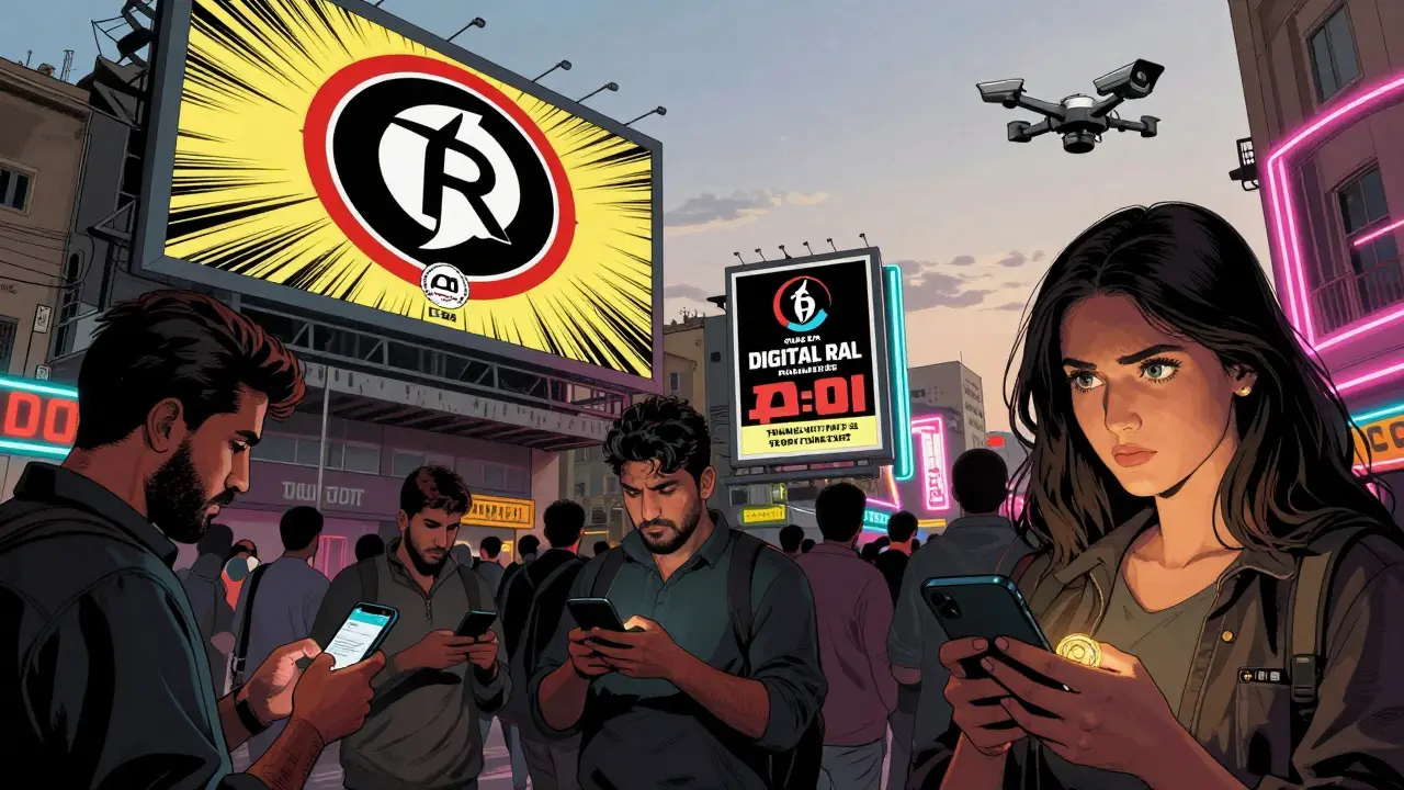Tehran citizens using phones to send DAI while government anti-crypto billboards loom and a drone watches overhead.