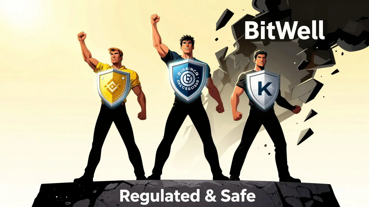 Three legitimate crypto exchanges standing strong on a safe platform, while BitWell dissolves into smoke behind them.