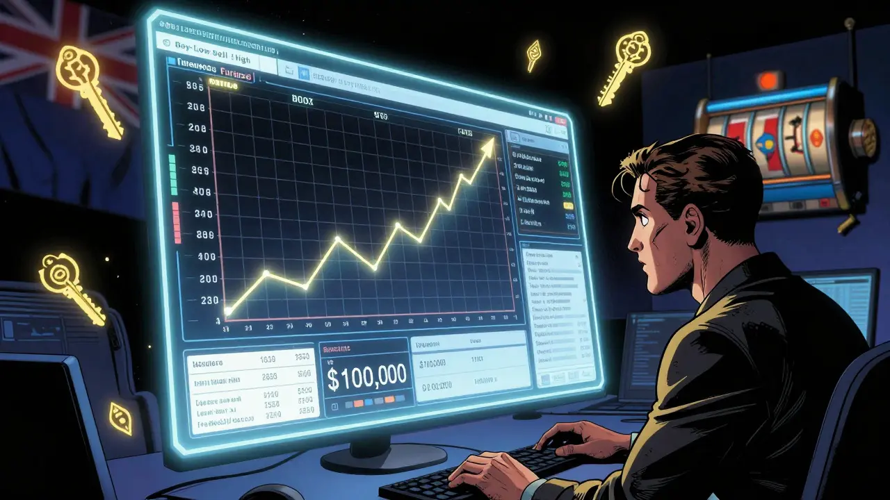 Trader monitoring automated grid bots on holographic chart, demo account spinning nearby, Fireblocks key shards floating, dark comic scene.