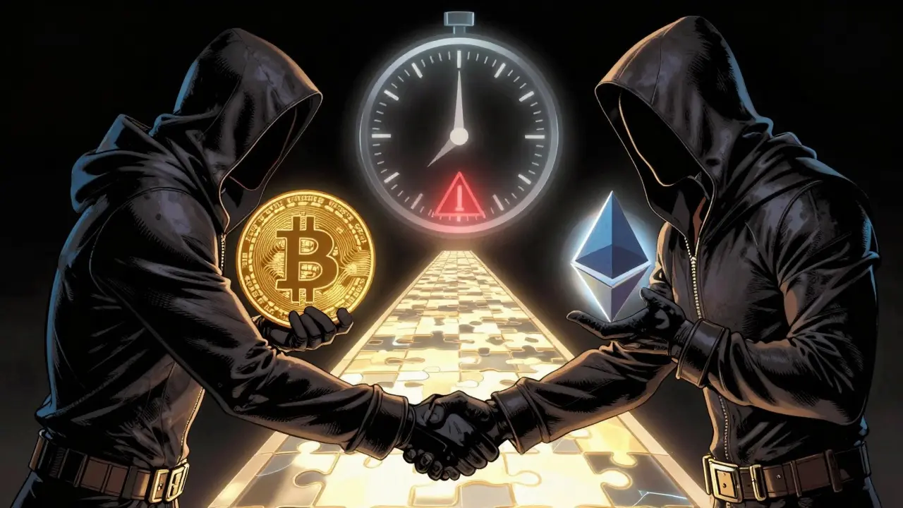 Two anonymous users exchanging Bitcoin and Ethereum across a blockchain bridge with a countdown timer.