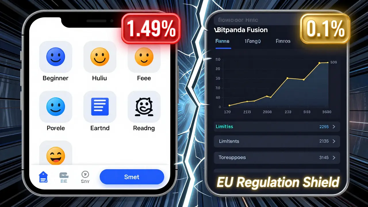 Two trading interfaces side by side: beginner app with high fees and professional Fusion platform with low fees.