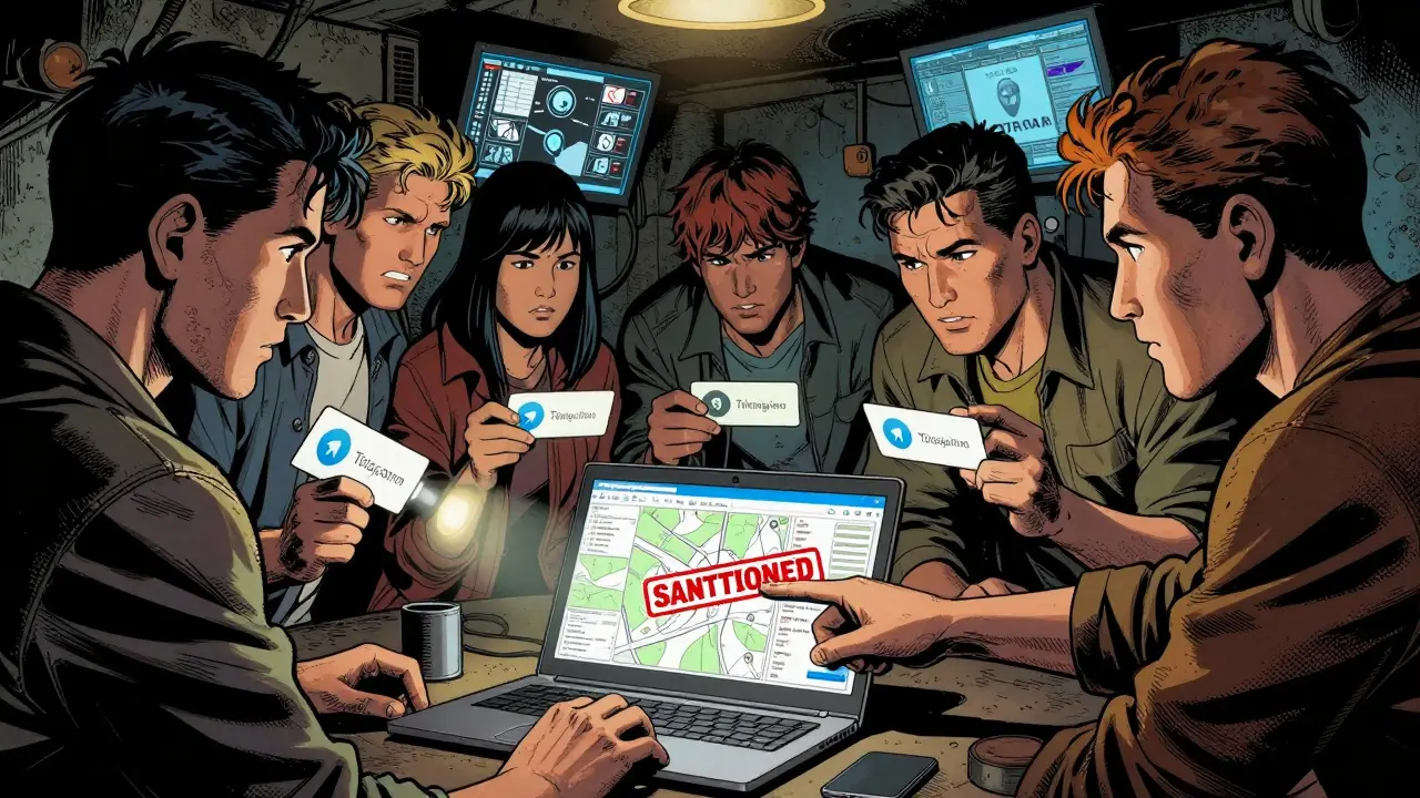 Underground group trading crypto via encrypted apps, one wallet flagged as sanctioned, lit by flashlight in a basement.