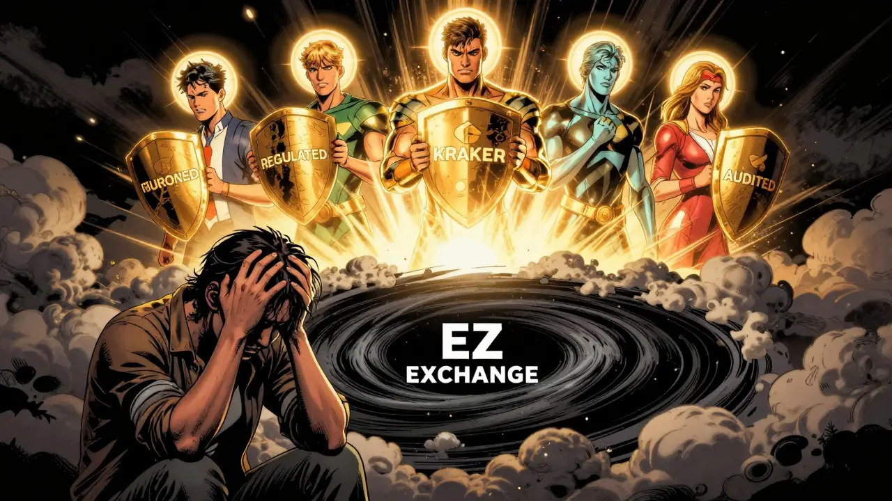 Victim loses crypto to a black hole while trusted exchanges shine with protective halos above.