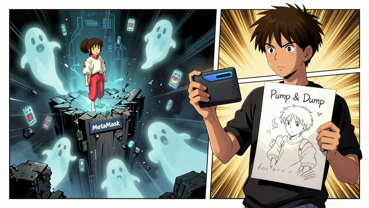 Young fan at the edge of a digital cliff holding a wallet and Ghibli sketch as NFTs fall into darkness.