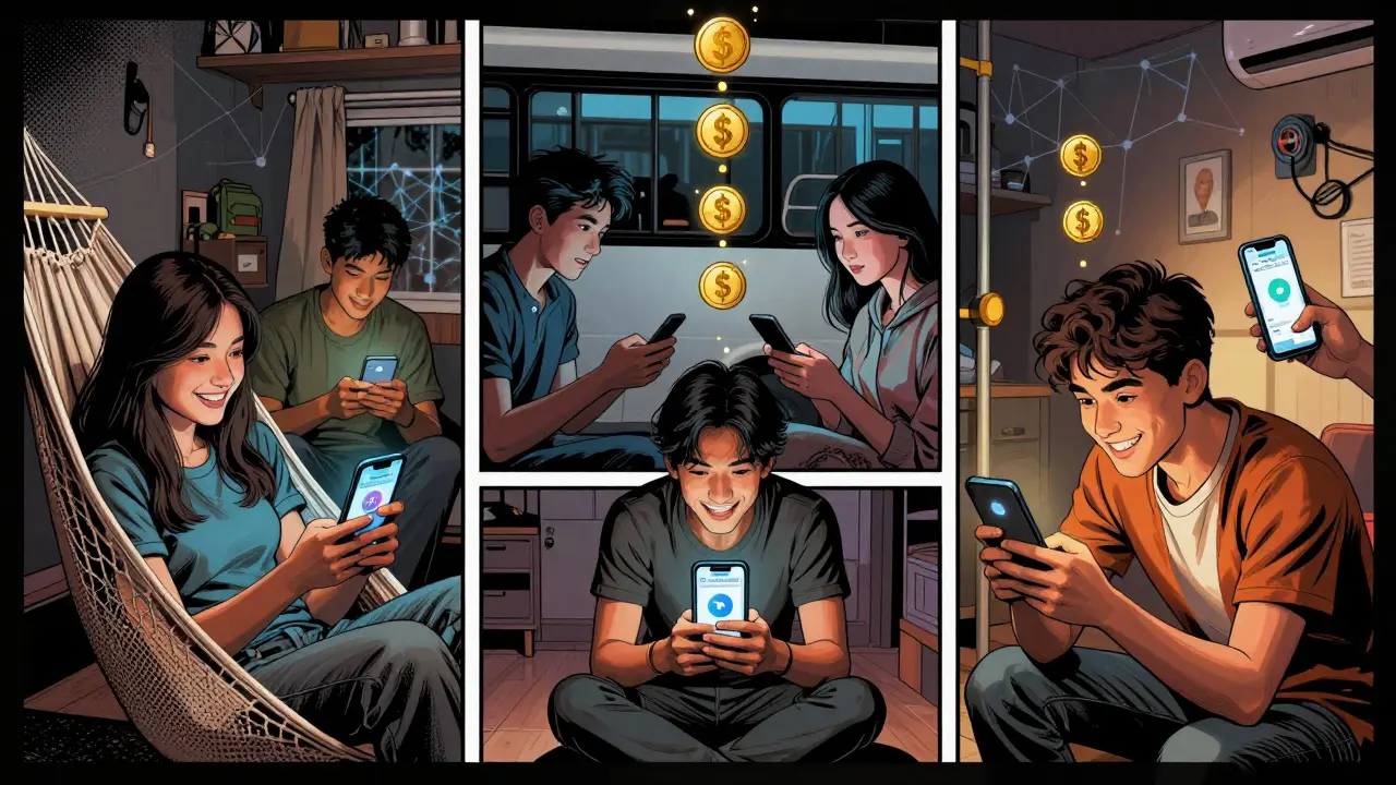 Young players across Southeast Asia and Latin America using phones to earn CATTON tokens via Telegram bot.