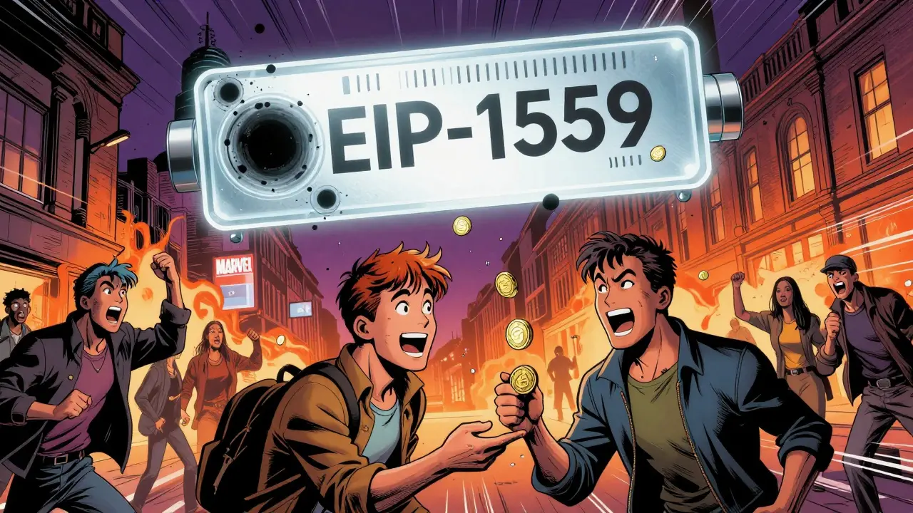 A cityscape where transaction fees vanish into black holes as users celebrate, in vibrant comic book style.