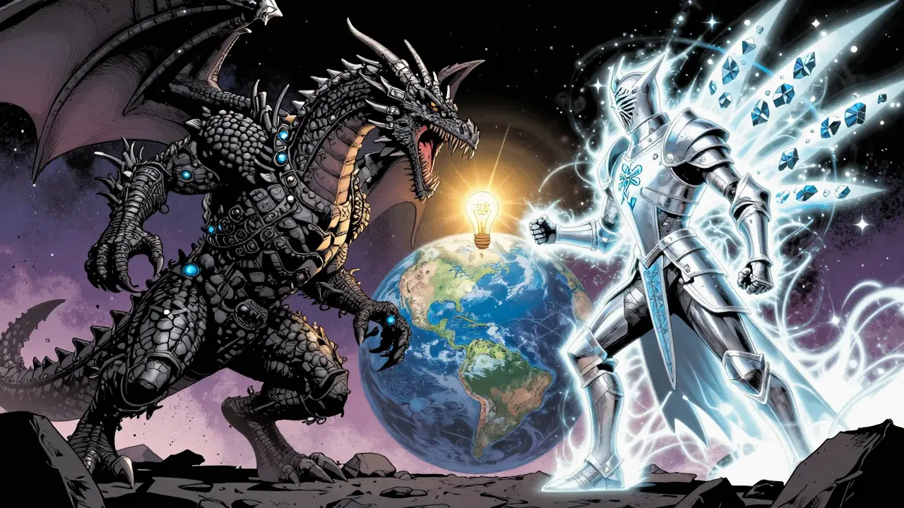 A colossal battle between a Proof of Work dragon and a Proof of Stake knight, with Earth’s energy use collapsing dramatically.