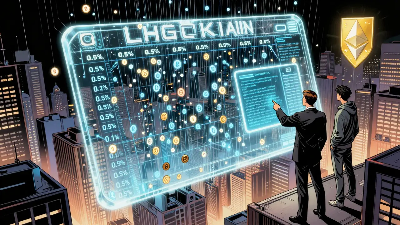 A floating blockchain ledger with tokens raining down, linked to real buildings, with a lawyer and coder analyzing a smart contract.