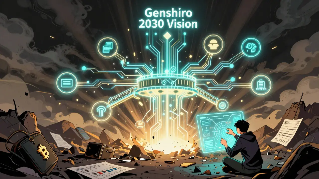 A futuristic DeFi network rises from discarded crypto wallets under a glowing 2030 roadmap.