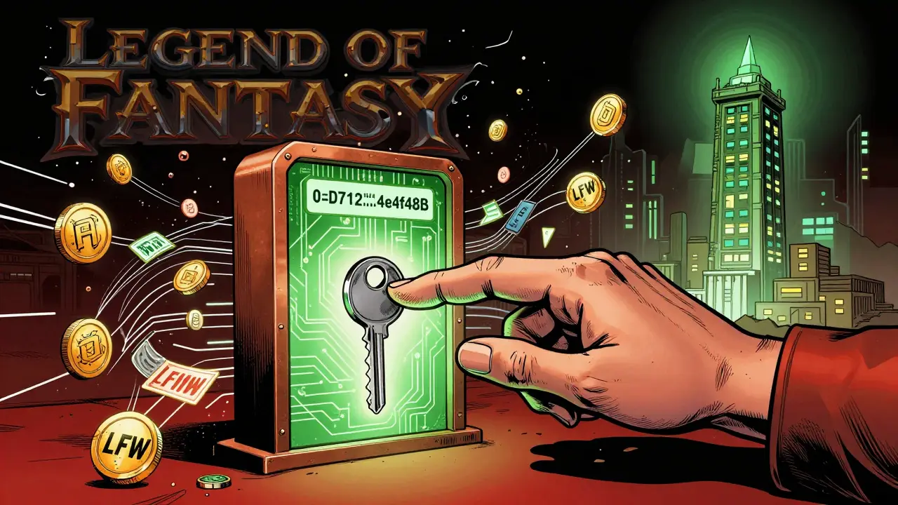 A hand inserting a key into a smart contract portal, with LFW tokens swirling around as an old game logo fades away.