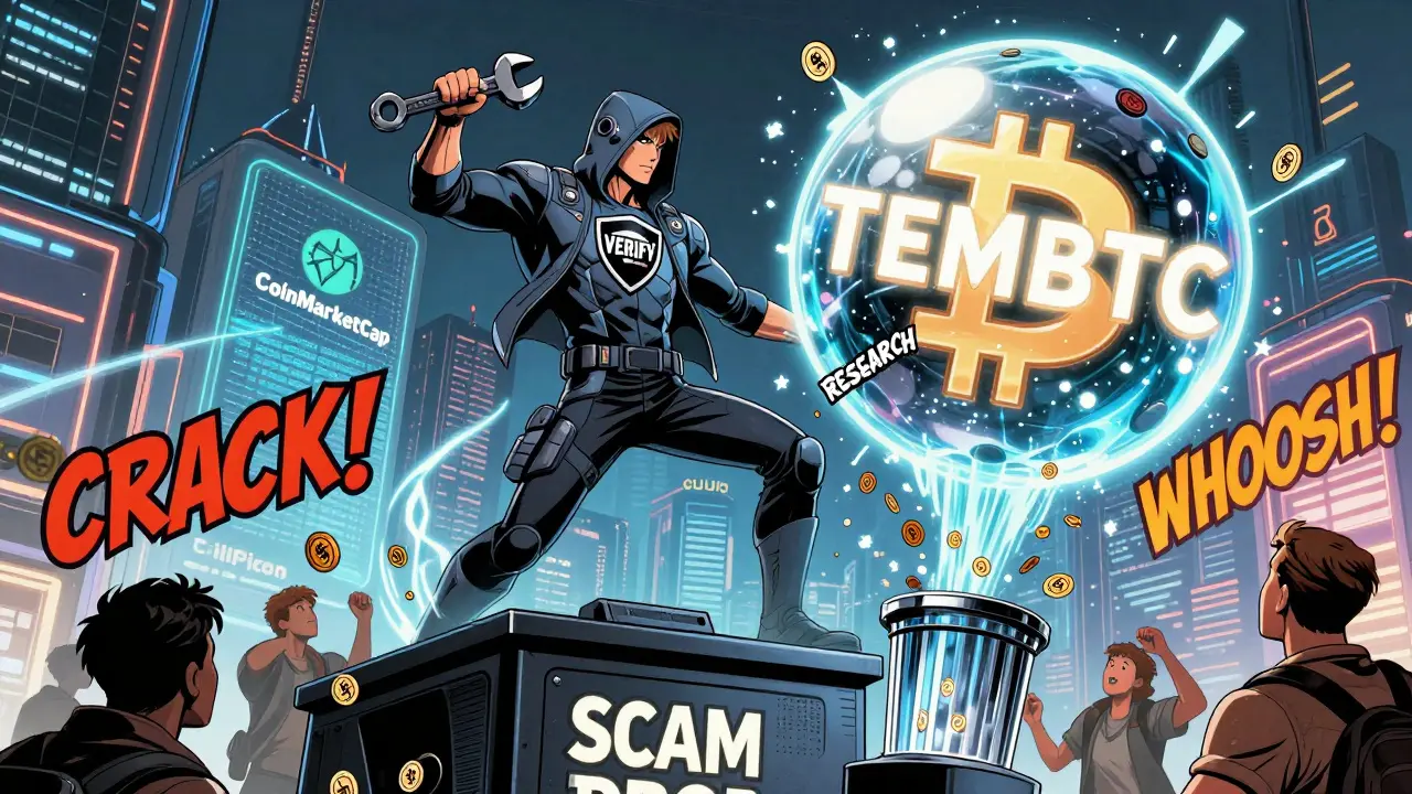 A hero smashing a giant 'TEMBTC' scam bubble while citizens destroy fake tokens in a cyberpunk city.