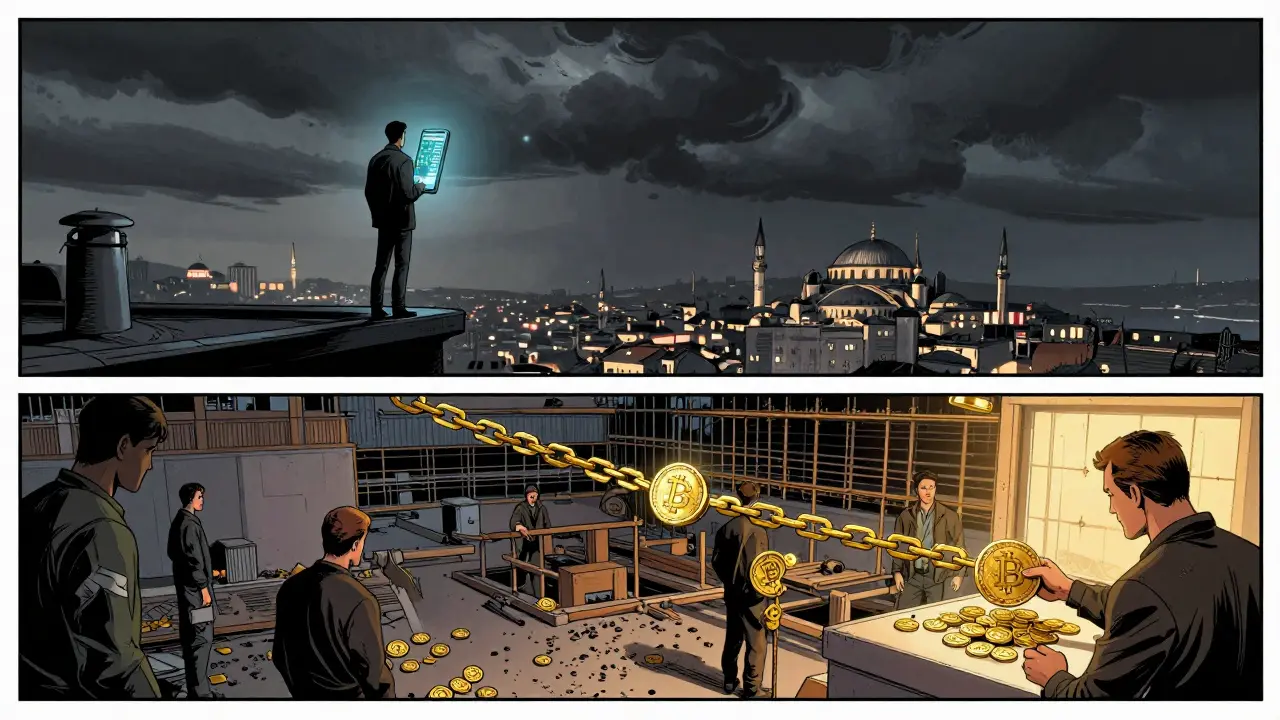 A lone investor stares at a fading ISIKC price chart as suppliers nearby trade tokens with ease.