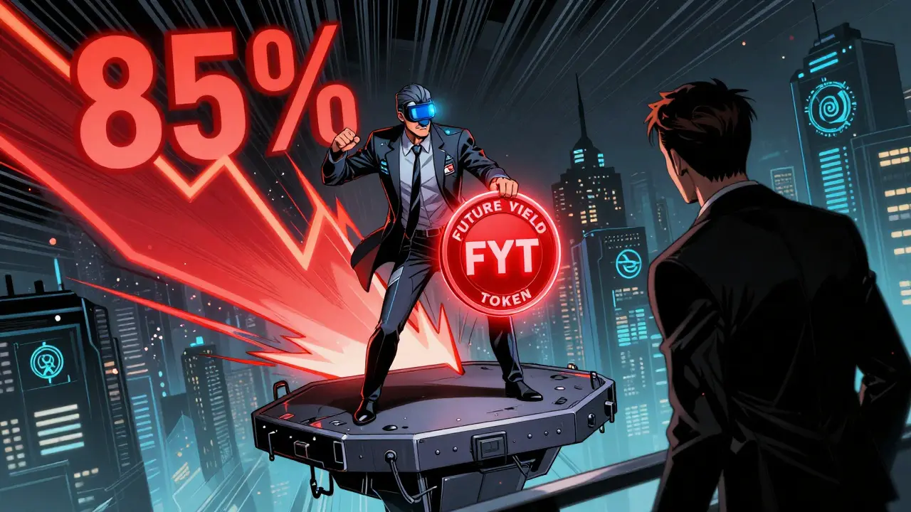 A trader sells a glowing Future Yield Token as a volatility chart crashes and spikes behind them.